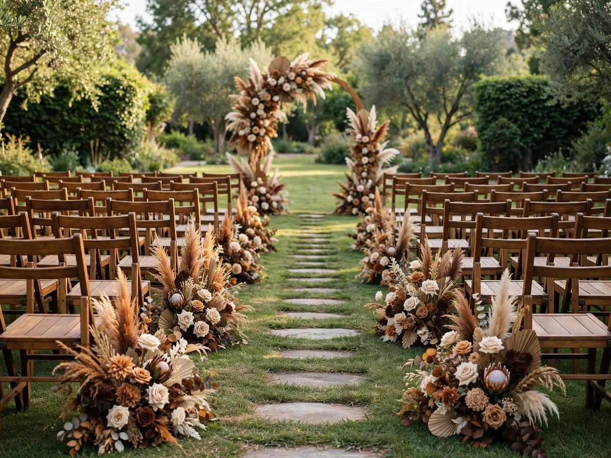 Ceremony aisle lined with arrangements in chocolate, caramel, and cream