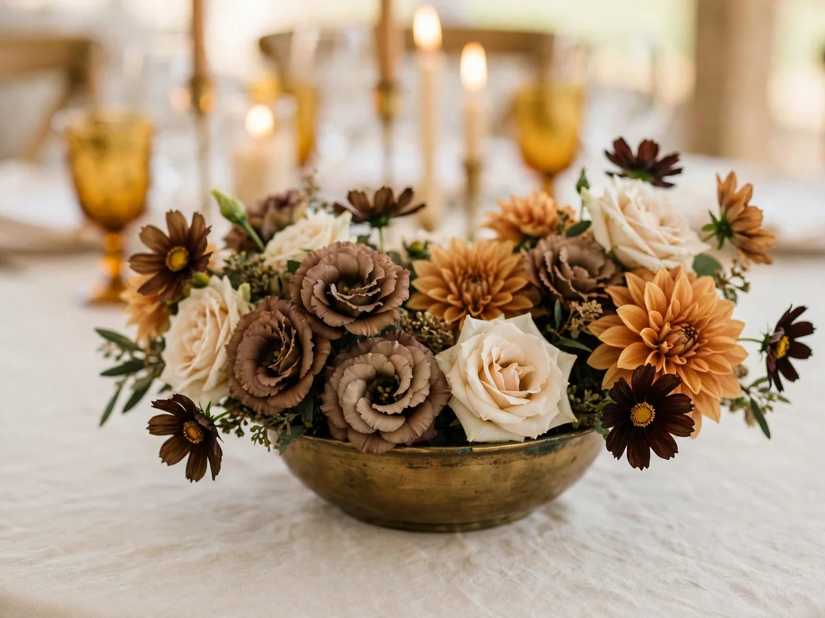 Low centerpiece of brown lisianthus and cream roses on a reception table