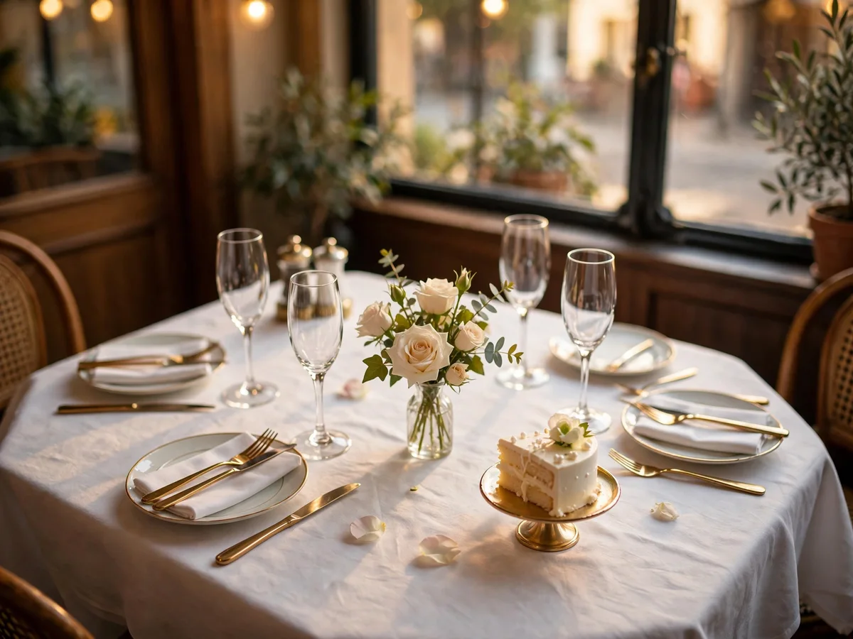Small restaurant table set for a post ceremony wedding lunch