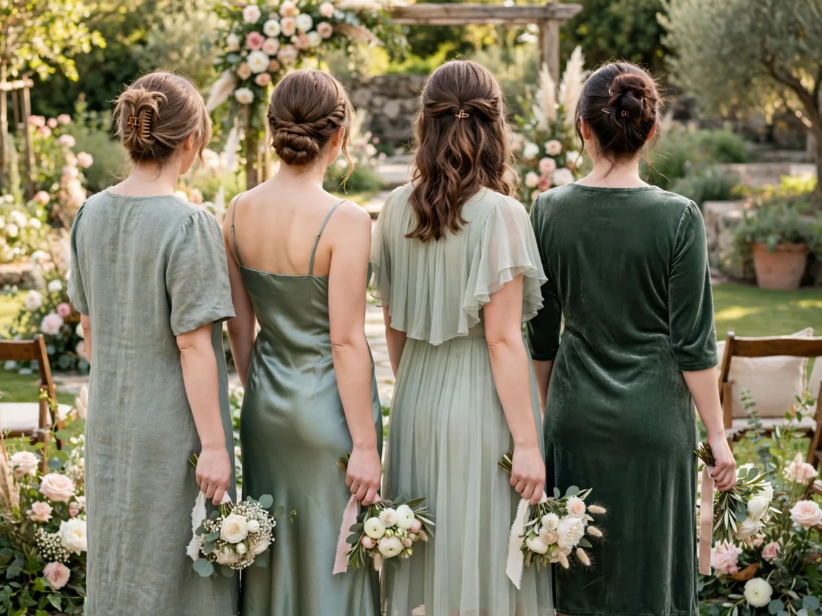 Bridesmaids in mixed sage dresses holding ivory bouquets