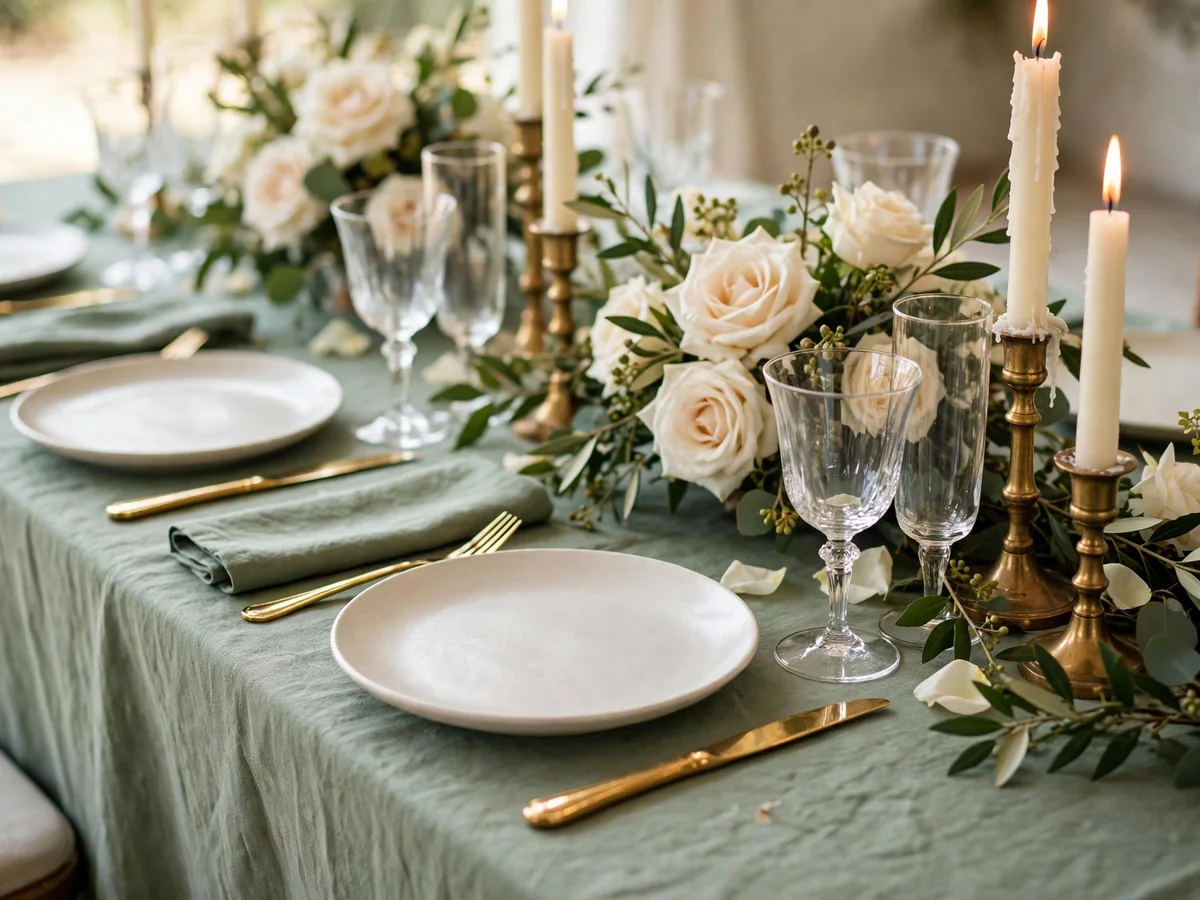 Head table with sage linen, gold cutlery, and ivory roses