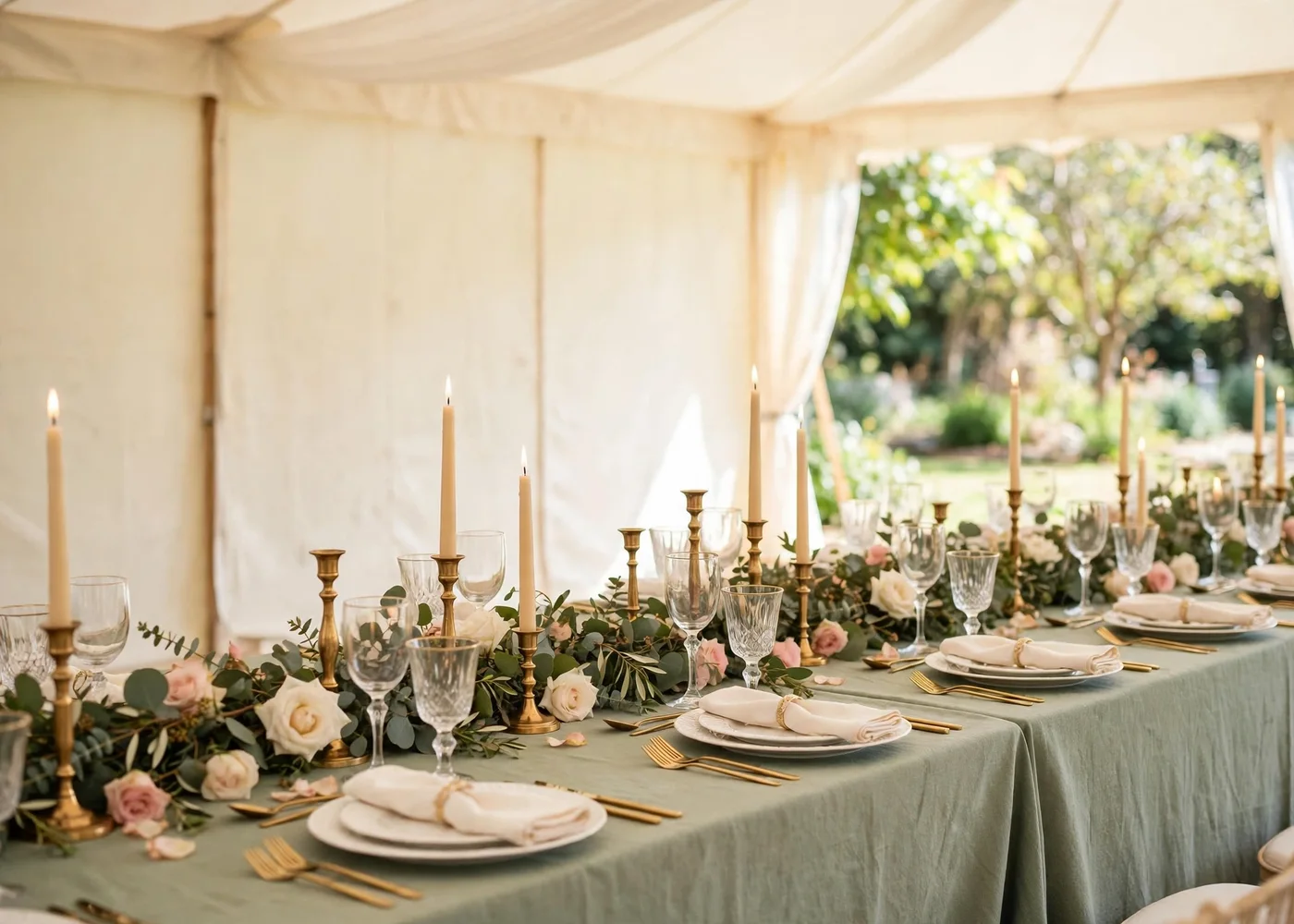 A wedding reception table in sage green and gold